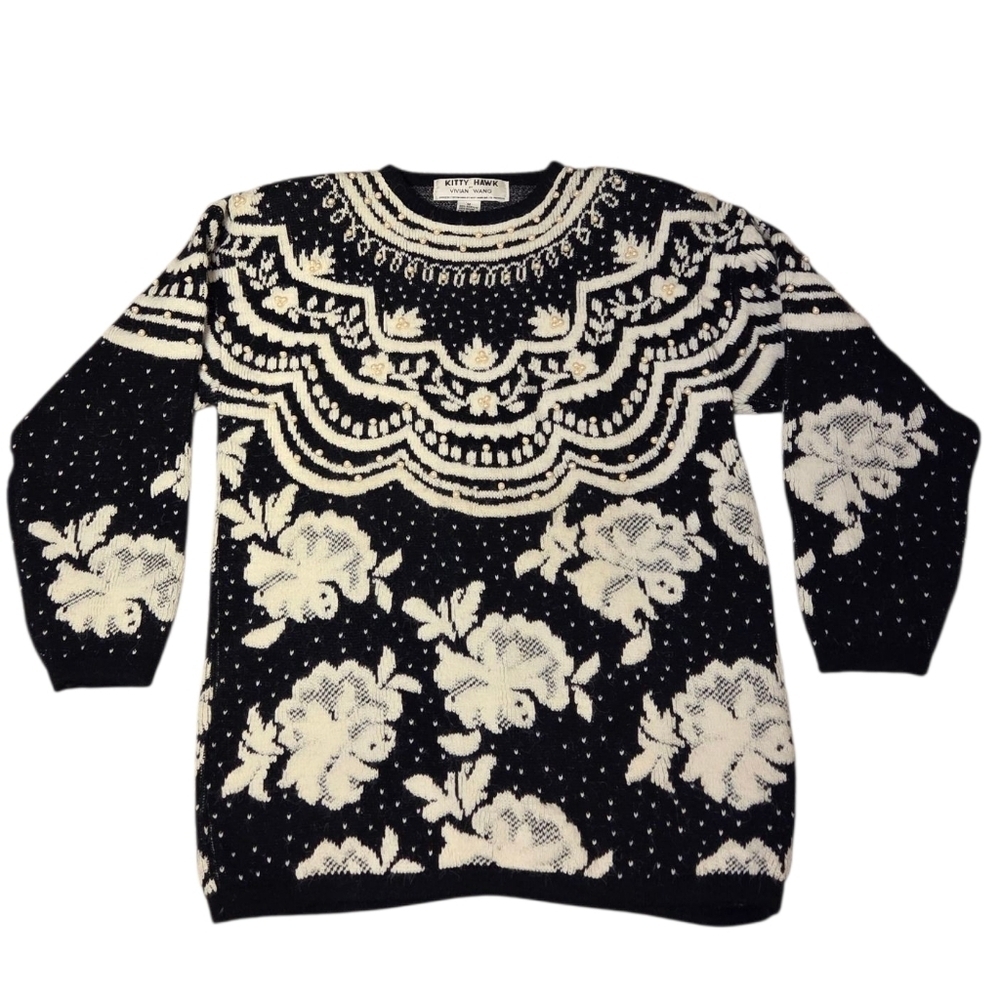 Vintage Kitty Hawk Vivian Wang Pearl Embellished Chunky Black Sweater‎ Y2k Large